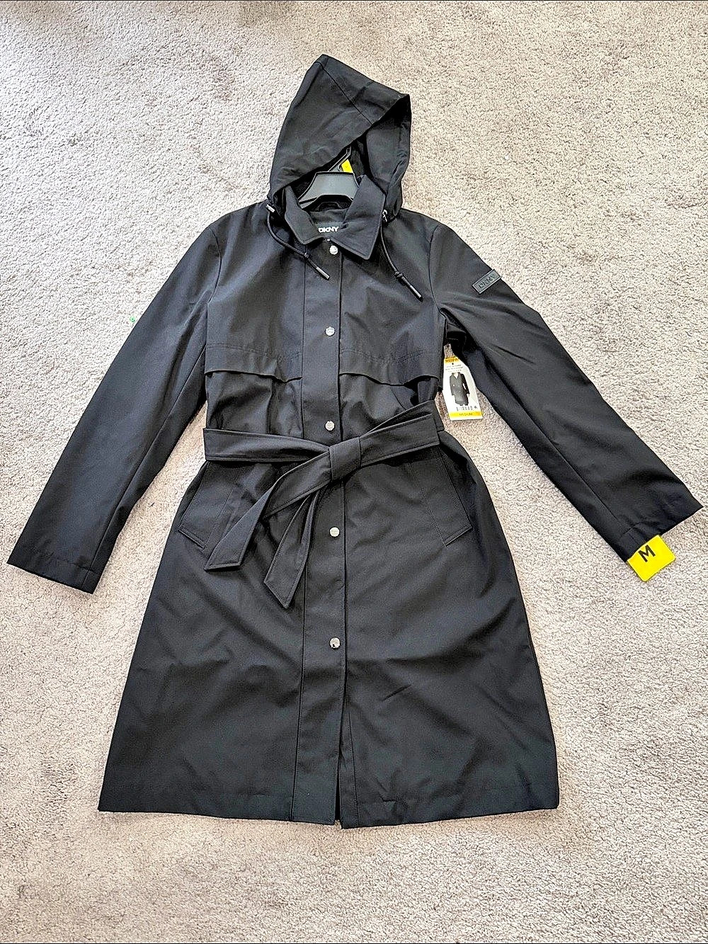 DKNY Hooded Belted Trench Coat Black Medium